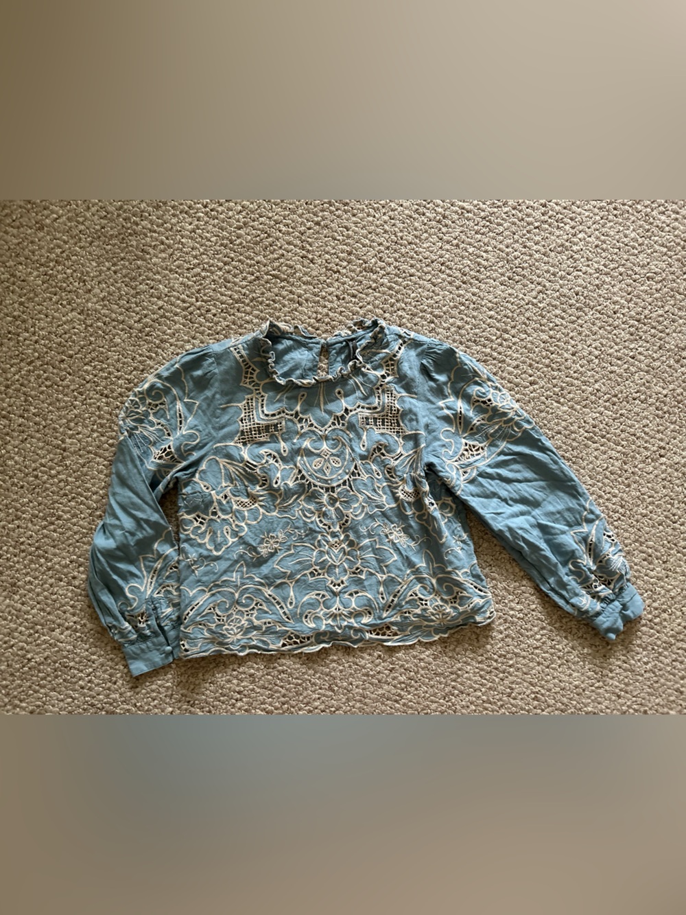 Anthropologie Linen Blend Lace Embroidered Blue Ling Sleeve blouse size S - Picture 6 of 9